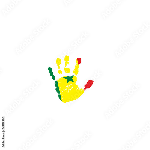 Senegal flag and hand on white background. Vector illustration