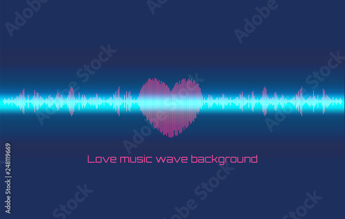 Musical wave in the form of heart and neon line