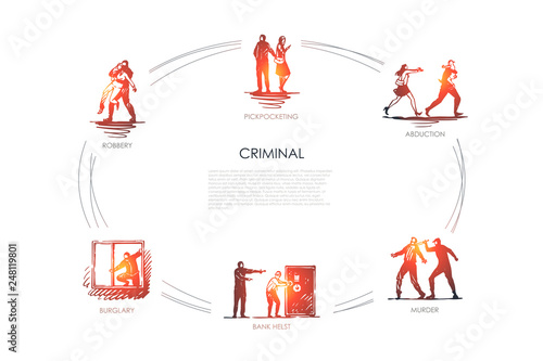 Criminal - pickpocketing, abduction, murder, bank helst, burglary, robbery vector concept set