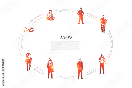 Aging - different stages of man age from infance, childhood boy to adult and old man vector concept set