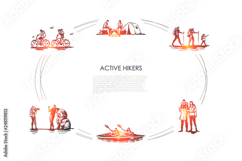 Active hikers - people riding bicycles, having rest with camping in forest, hiking with family, orienting with map, driving kanoe, taking photo vector concept set