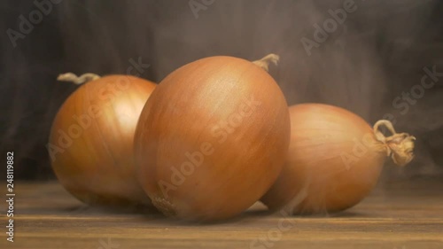 Fresh onion onions from which blows cold and freshness, close-up, slow motion, bow