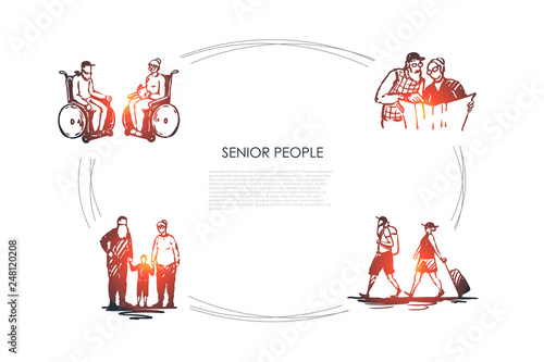 Senior people - old people sitting on wheelchairs, reading newspaper, travelling and walking with grandchildren vector concept set