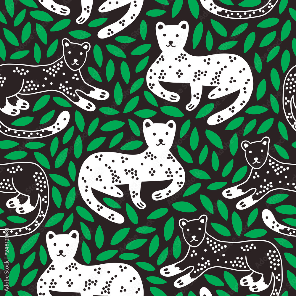 Obraz premium Jungle seamless pattern with panther and leaves on black background