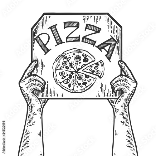 Hands with pizza box engraving vector illustration. Scratch board style imitation. Black and white hand drawn image.