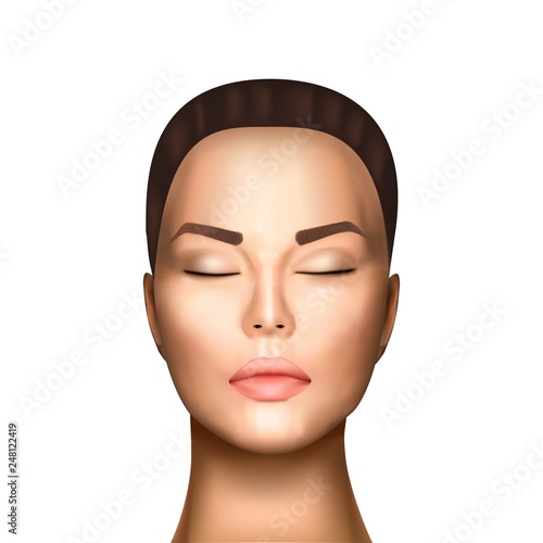 Vector illustration of realistic beautiful nice woman face witn closed eyes, light skin on white background isolated. Photorealistic style.