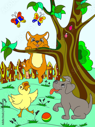 Childrens color cartoon animals friends in nature. Duckling, puppy and kitten. Duck, dog and cat
