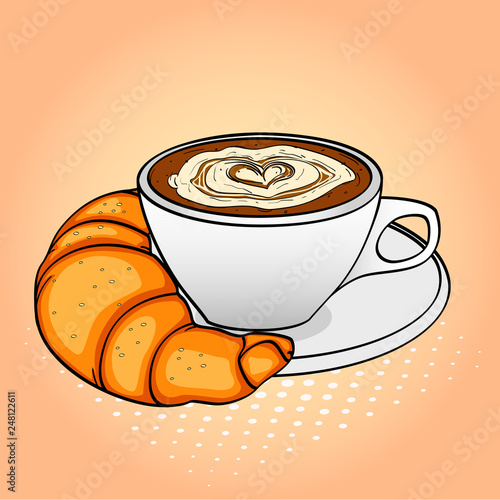 Pop art background, breakfast, coffee with cream and croissant. Raster photo