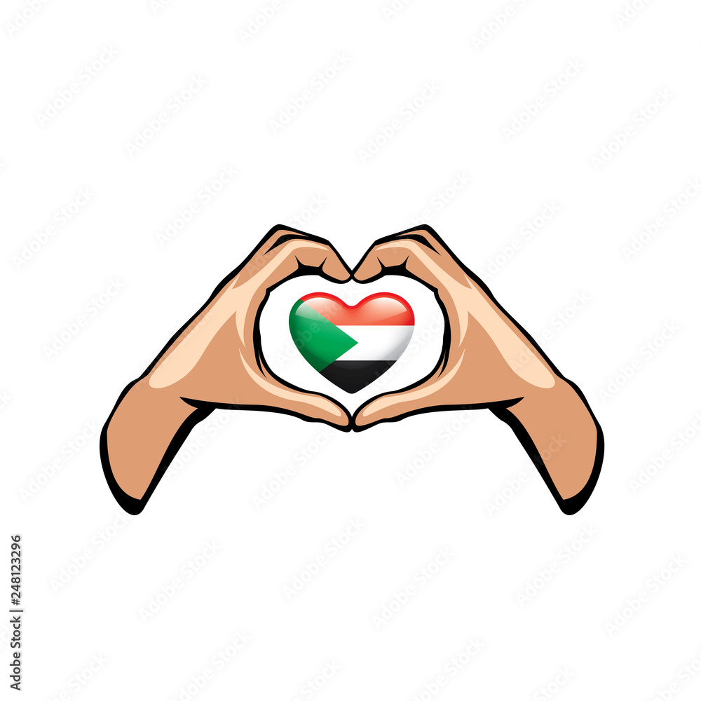 Fototapeta premium Sudan flag and hand on white background. Vector illustration