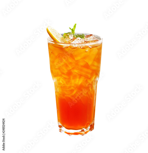 Glass of Iced tea with lemon slice isolated on white background with clipping path..