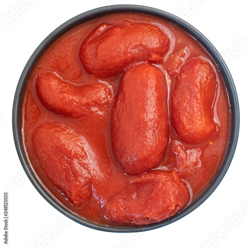 Canned tomato. Brown bowl with peeled tomatoes in their own juice. Isolated on white. Top view