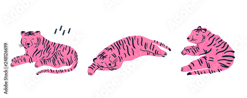 Pink tiger lies in three various poses. Hand drawn vector set. All elements are isolated 