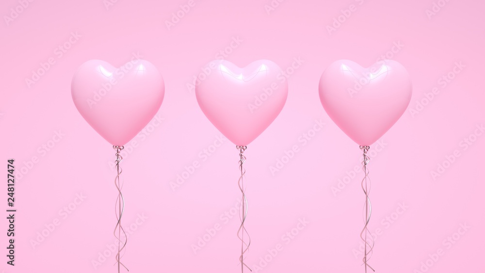 Pastel Pink Heart Helium Balloons Isolated On The Pink Background - Valentine's Day - 3D Illustration