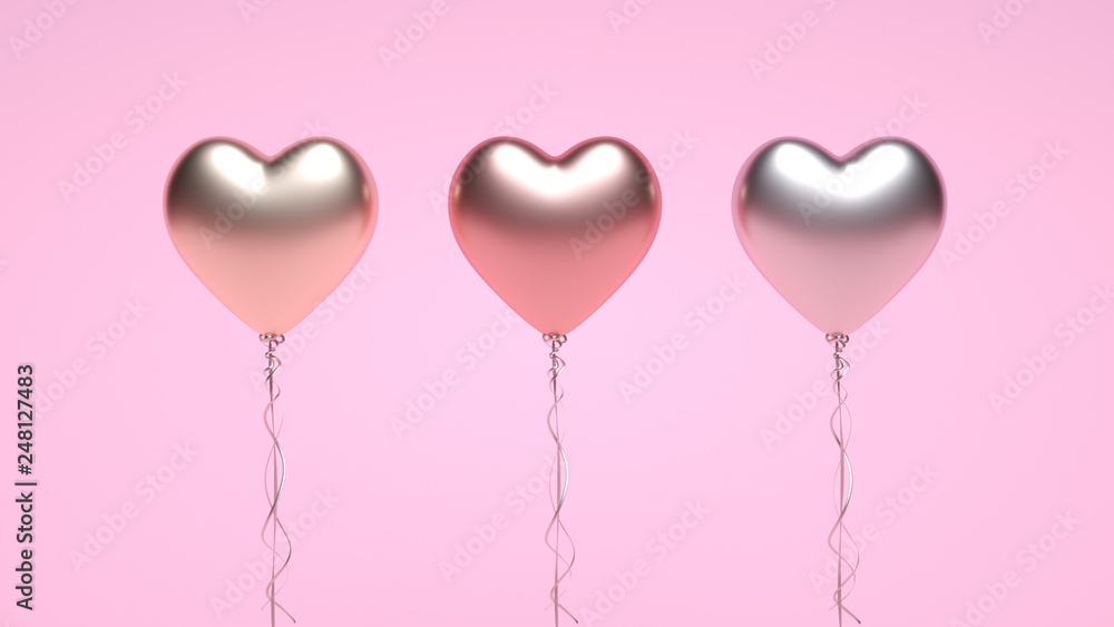 Metallic Glossy Heart Helium Balloons Isolated On The Pink Background - Valentine's Day - 3D Illustration