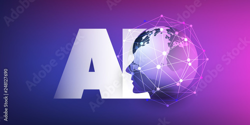 Machine Learning, Artificial Intelligence, Cloud Computing and Networks Design Concept with Earth Globe, Network Mesh and AI Label 
