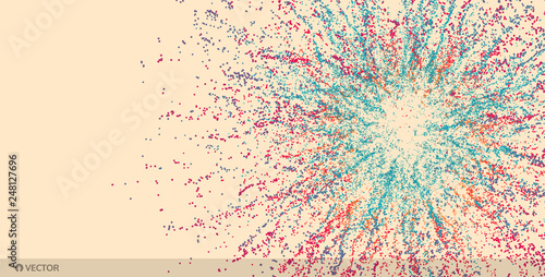 Point explode. Array with dynamic emitted particles. 3d technology style. Abstract background. Vector illustration.