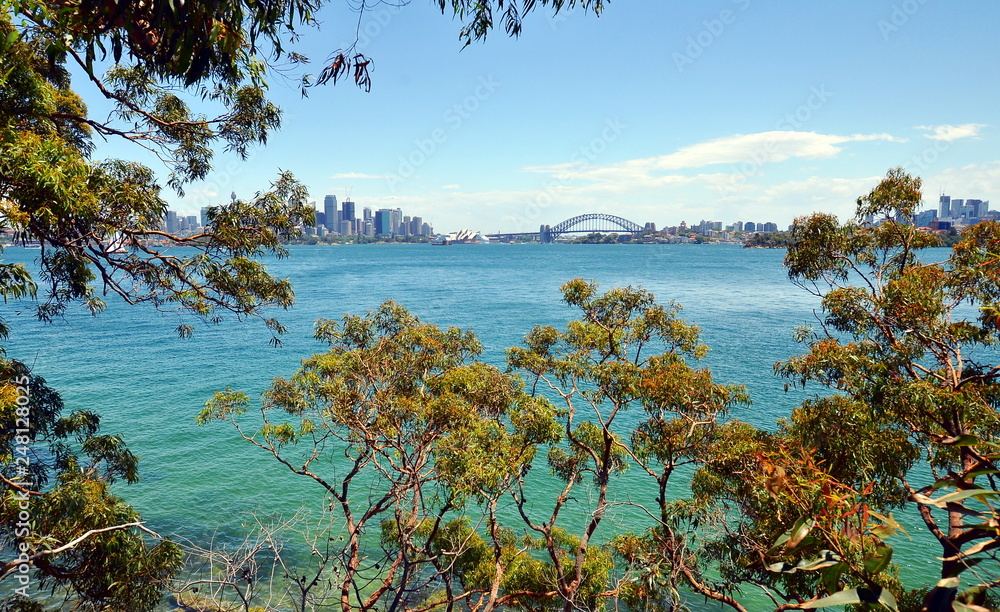 View on Sydney Harbor Bridge and Sydney Opera House from Mosman Bay to