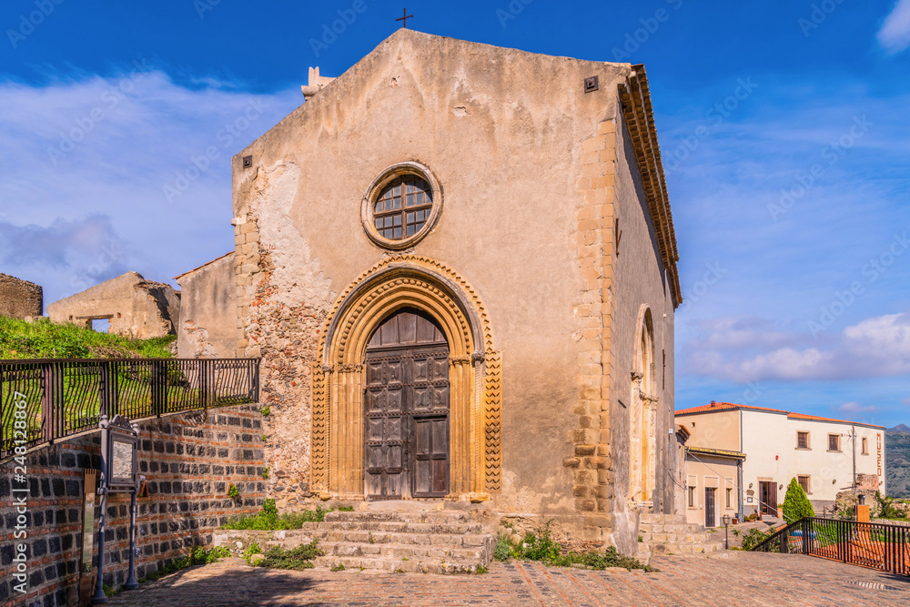 View of the XV century church in the beautiful italian village Savoca, Sicily, Italy