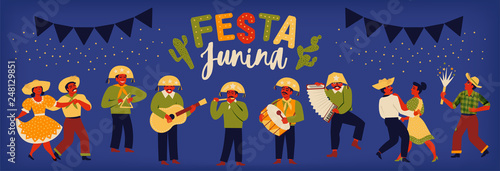 Brazilian Traditional Celebration Festa Junina. Portuguese Brazilian Text saying Fair. Festa de Sao Joao. Festive Typographic Vector Art.