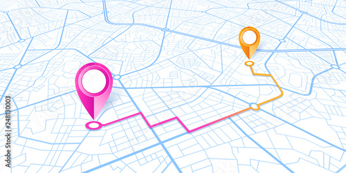 Blue GPS navigator pins on a blue roads map on white background