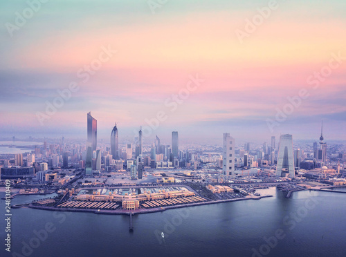 Twilight, beautiful Kuwait city skyline taken by drone Fototapeta
