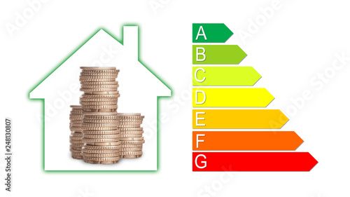 Green house in a energy efficience performance certificate concept. Money and coins pile as savings. Empty copy space for Editor's text.