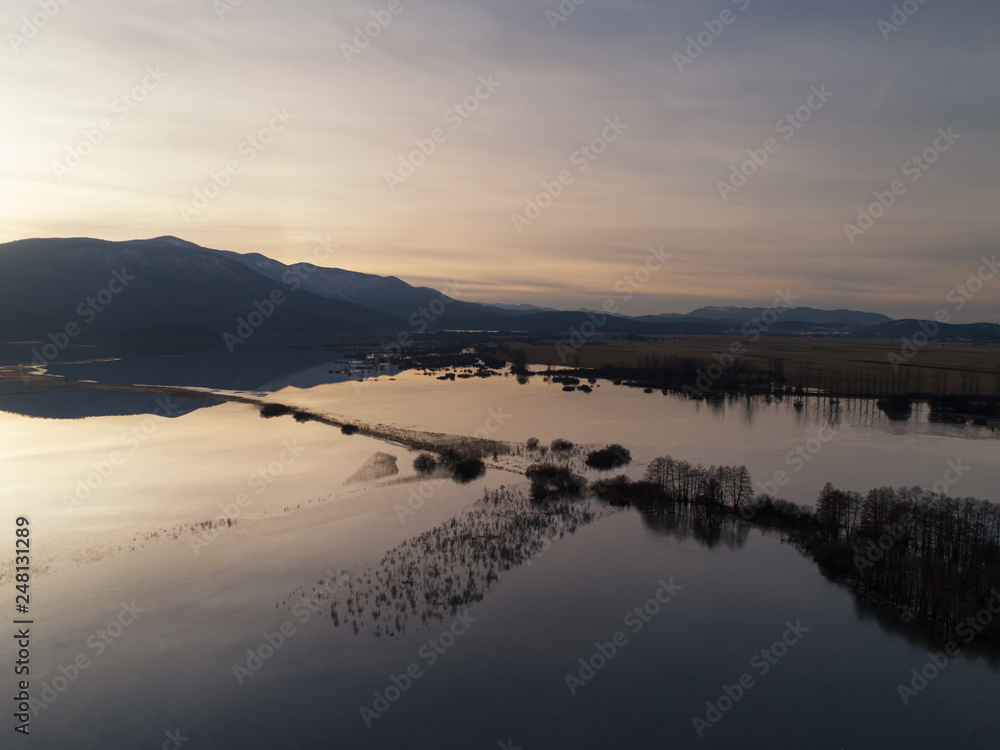 Aerial shot of Cerknisko lake. Cerkniško jezero