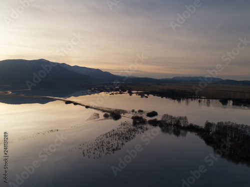 Fototapeta Naklejka Na Ścianę i Meble -  Aerial shot of Cerknisko lake. Cerkniško jezero