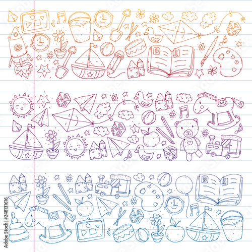 Kindergarten with toys. Pattern for children. Little preschool kids education. Drawing, learning, play