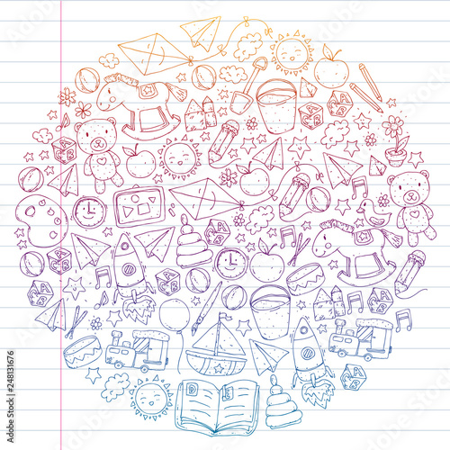 Kindergarten with toys. Pattern for children. Little preschool kids education. Drawing, learning, play