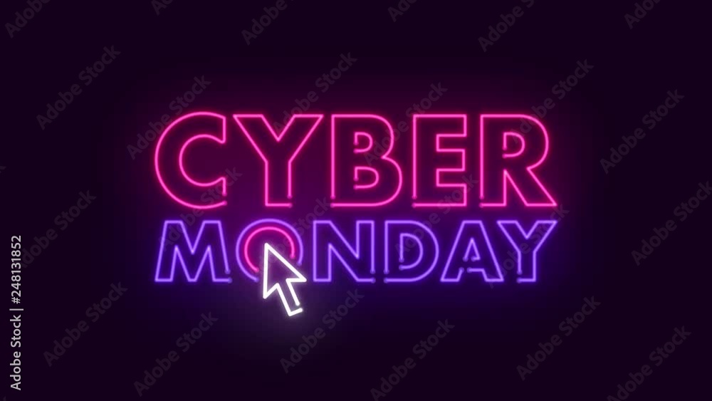 Glowing Neon Cyber Monday Sale Sign 4K Futuristic Animation. Big Discount Day Promotion Retro Banner on Computer Electronic Goods Online Shop On A Dark Purple Background. Glowing Neon Cyber Monday Sale Sign 4K Futuristic Animation. Big Discount Day Promotion Retro Banner on Computer Electronic Goods Online Shop On A Dark Purple Background.