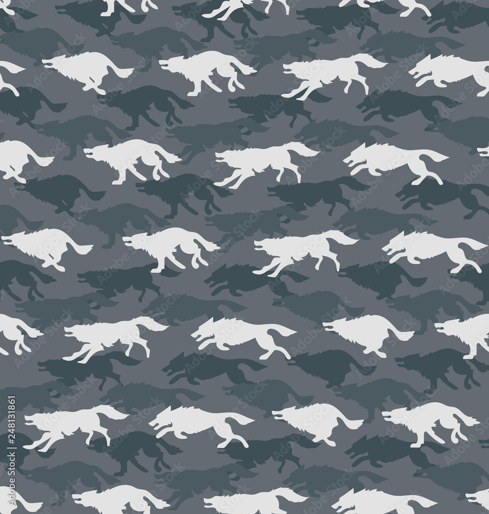 Running wolves. Gray background. Seamless pattern. Design for the club of fans of hunting, for printing on fabric or paper. Running wolves. Gray background. Seamless pattern. Design for the club of fans of hunting, for printing on fabric or paper.