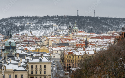 View of the historical bridges, the Prague Old Town and the Vltava River from the popular view point in the Letna Park (Letenske sady), beautiful winter Prague, Czech Republic	 photo