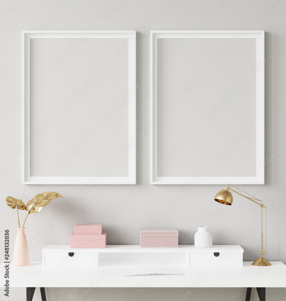 Mock up poster frame in interior background with decor on shelf, 3d render Mock up poster frame in interior background with decor on shelf, 3d render