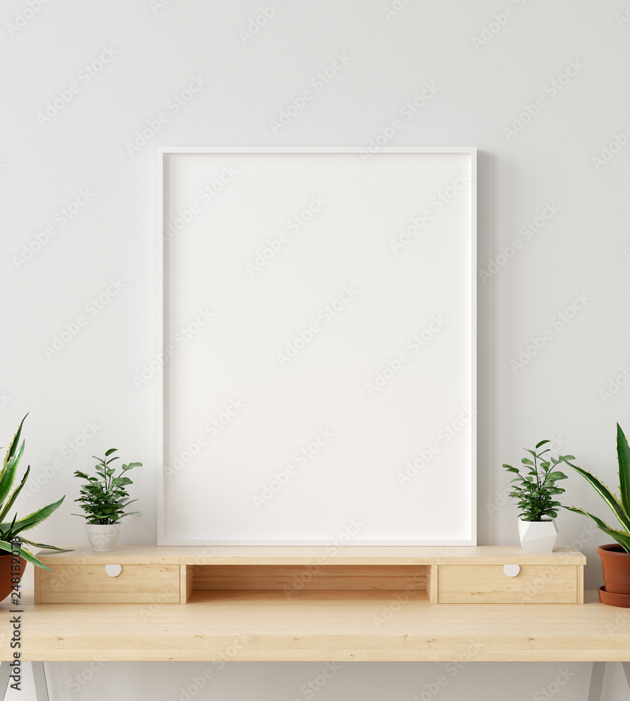 Mock up poster frame in interior background with decor on shelf, 3d render Mock up poster frame in interior background with decor on shelf, 3d render