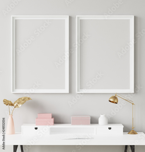 Mock up poster frame in interior background with decor on shelf, 3d render