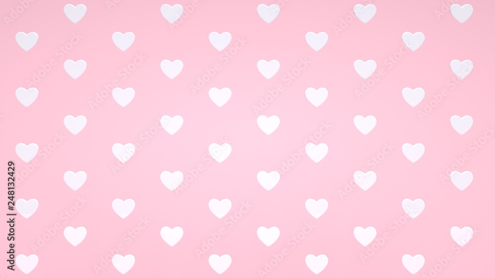White Hearts Isolated On The Pastel Pink Background. Pattern, Texture - Valentine's Day - 3D Illustration