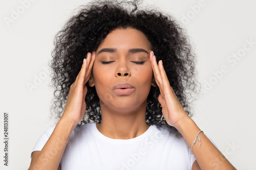 Photography Nervous african woman breathing calming down trying to relieve stress