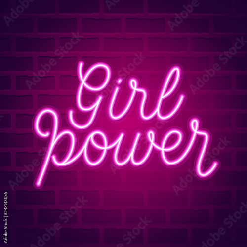 Vector illustration in simple style with hand-lettering phrase girl power - bright neon sign