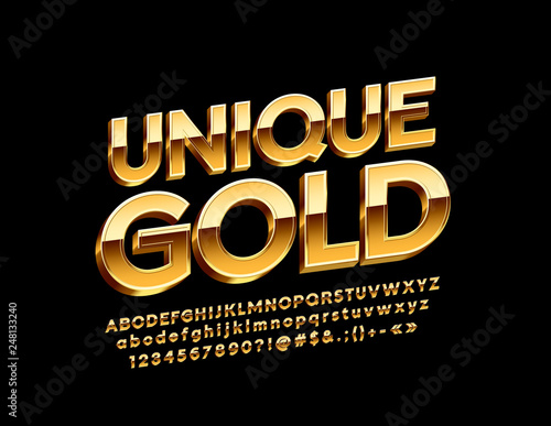 Vector Unique Gold Alphabet Letters, Numbers and Symbols, Glossy 3D Font.