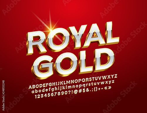 Vector Royal Gold Alphabet Letters, Numbers and Symbol. 3D Luxury Font.
