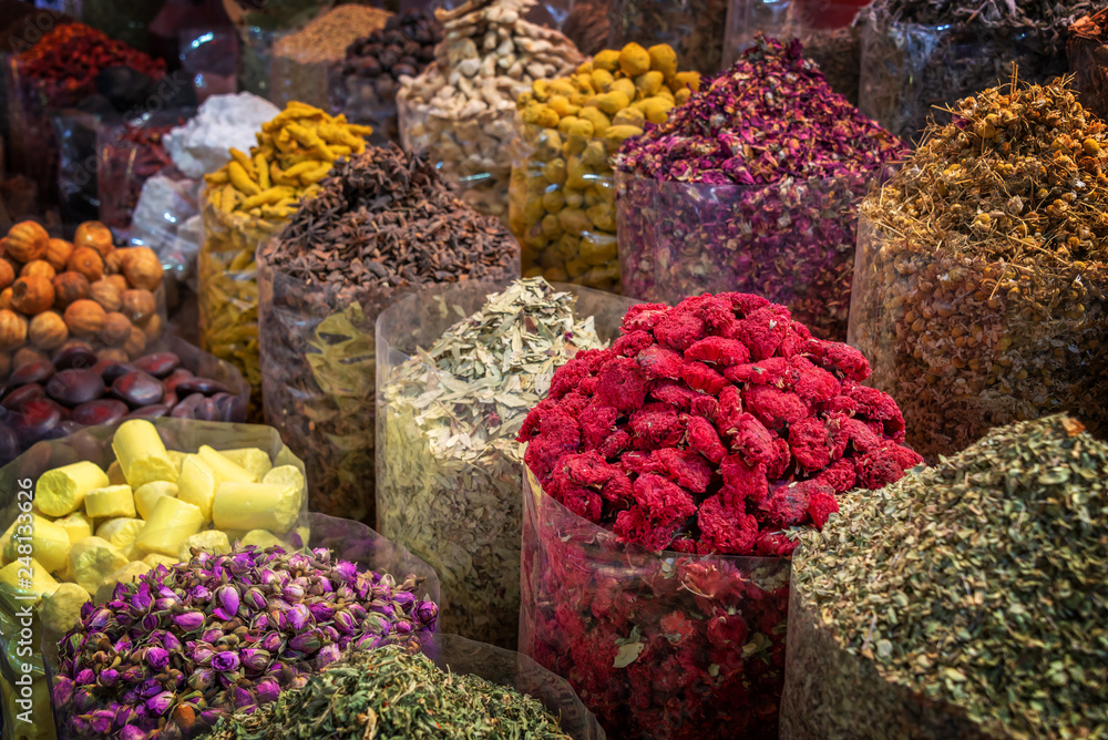 Colorful piles of spices in Dubai souks, United Arab Emirates Colorful piles of spices in Dubai souks, United Arab Emirates