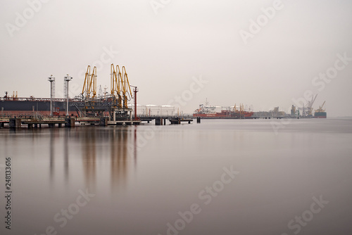Canvas Print Containership being unloaded at the Port of Amsterdam by cranes