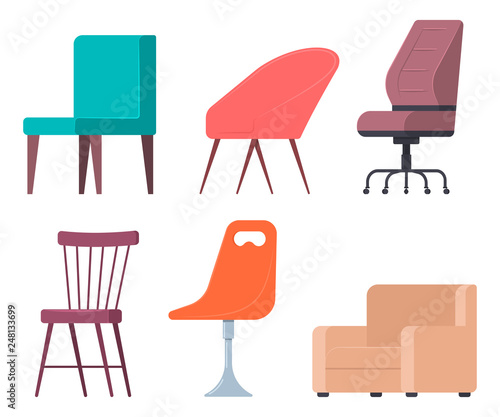 Chairs and armchairs vector flat set of home and office furniture elements isolated on white background.