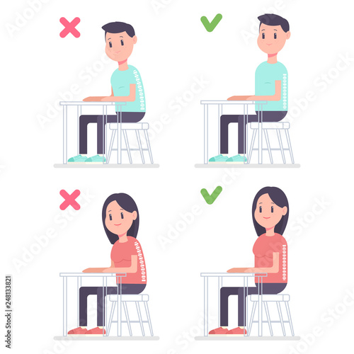 Correct posture vector cartoon illustration with a man and a woman sitting at a desk in the right and wrong position.