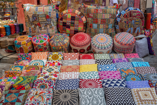 Colorful cushions and pillows in Dubai souks, United Arab Emirates