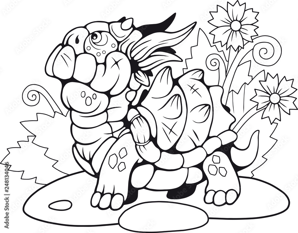 cute little cartoon turtle dragon, coloring book, funny illustration