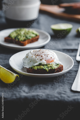 Avocado sandwich with a poached egg on a plate. The concept of healthy balanced breakfast.
