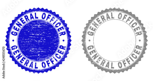Grunge GENERAL OFFICER stamp seals isolated on a white background. Rosette seals with grunge texture in blue and grey colors.