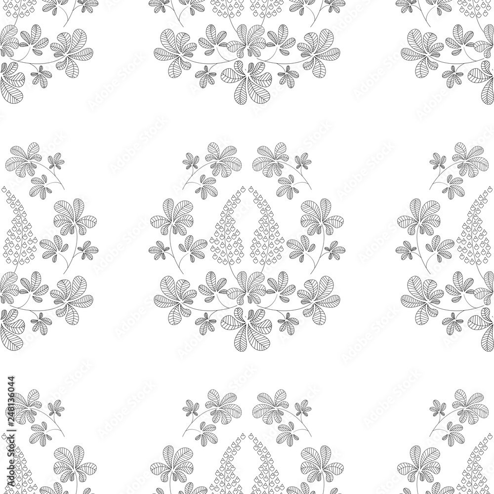 Hand drawn lupine plant, modern damask seamless vector pattern. Black line art on white background, pattern elements in strips. 